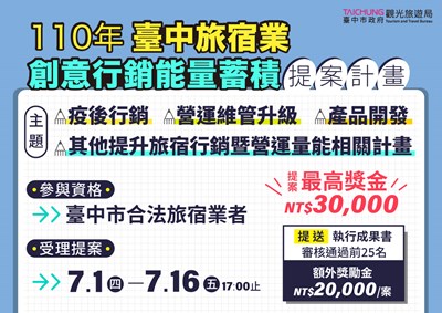 儲備能量再出發  中市府推出旅宿業創意行銷能量蓄積計畫